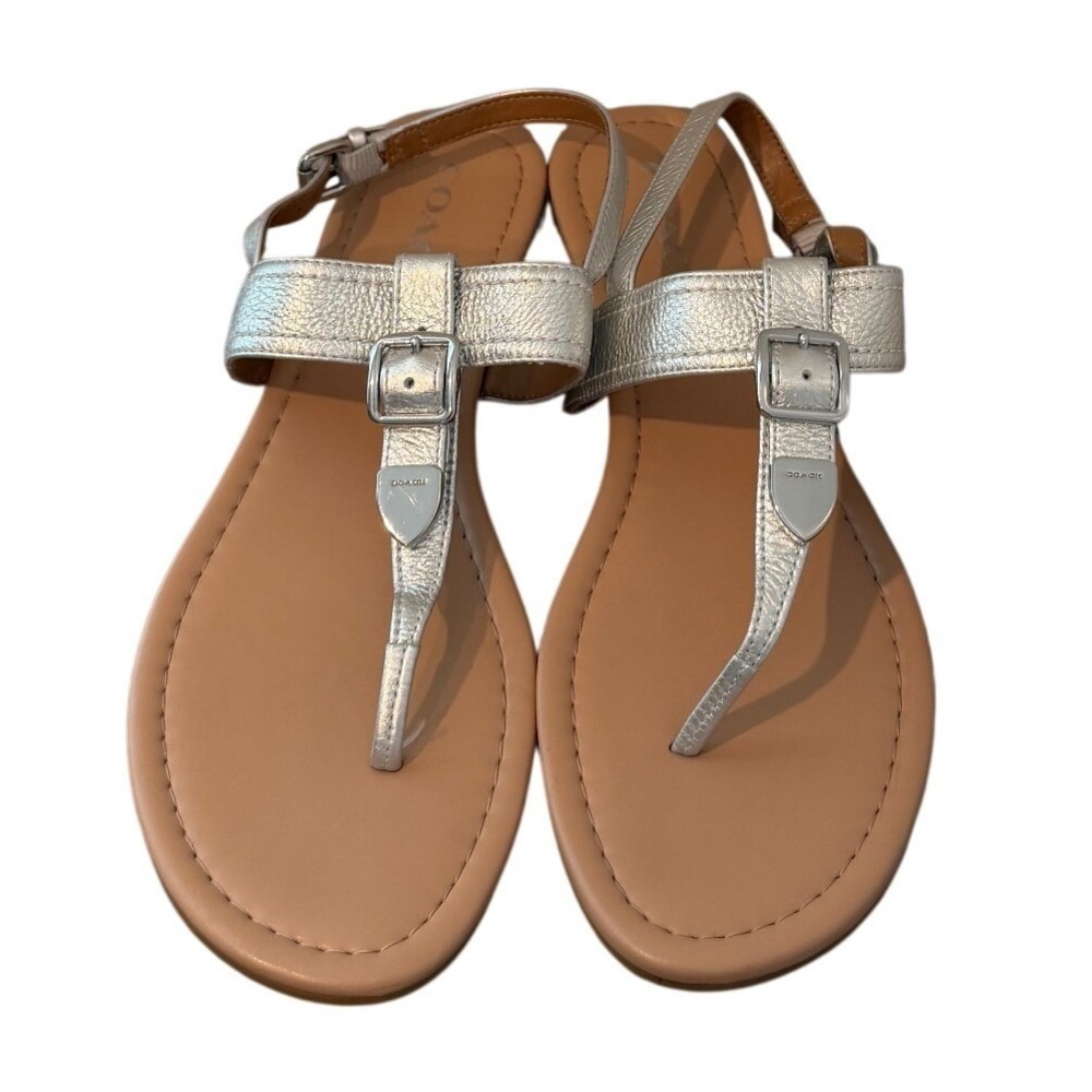 Coach Cassidy Metallic Silver Leather Thong Slingback Flat Sandals Womens 8.5 B